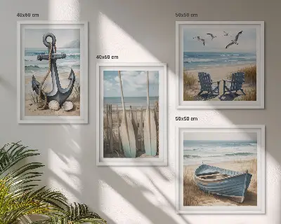 Horgonycsónak evezőkkel a strandon keretezett poliptichon
