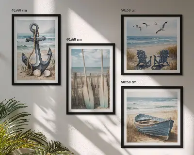 Horgonycsónak evezőkkel a strandon keretezett poliptichon