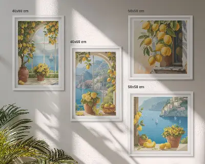 Dekorációs kép szett nappaliba tengeri tájképek citromos motívumokkal és ablakos mintával