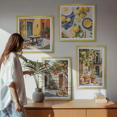 Dekorációs képkészlet citrusfák egy napsütötte kertben, nappaliba