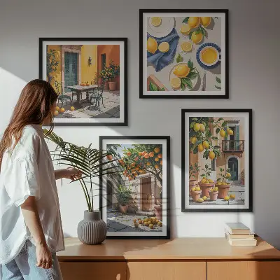Dekorációs képkészlet citrusfák egy napsütötte kertben, nappaliba