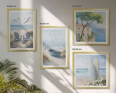 Keretezett poliptichon stranddeszkák szörfözés csónak és madarak mintával
