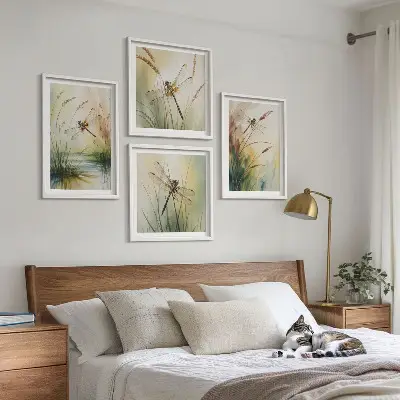 Szitakötők fű vízfestmény keretezett poliptichon kivitelben
