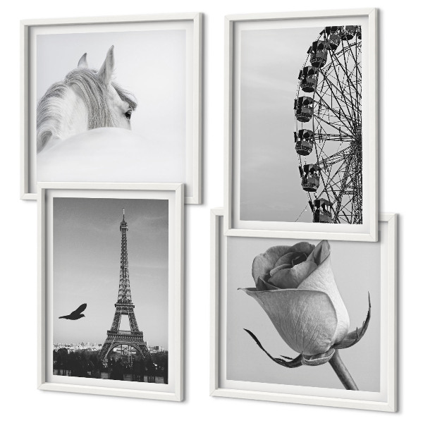 Dekorációs kép készlet nappaliba Rózsaszín Eiffel-torony Ló Óriáskerék B&W