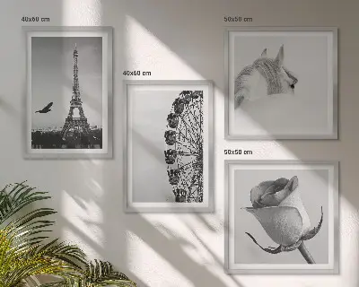 Dekorációs kép készlet nappaliba rózsaszín Eiffel-torony, ló és óriáskerék fekete-fehér mintával