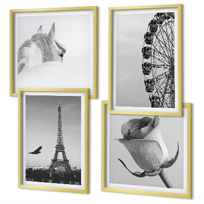 Dekorációs kép készlet nappaliba Rózsaszín Eiffel-torony Ló Óriáskerék B&W