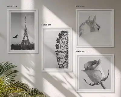 Dekorációs kép készlet nappaliba rózsaszín Eiffel-torony, ló és óriáskerék fekete-fehér mintával