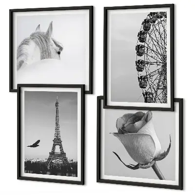 Dekorációs kép készlet nappaliba rózsaszín Eiffel-torony, ló és óriáskerék fekete-fehér mintával
