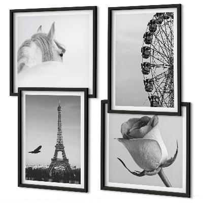 Dekorációs kép készlet nappaliba Rózsaszín Eiffel-torony Ló Óriáskerék B&W