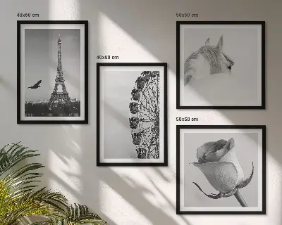 Dekorációs kép készlet nappaliba rózsaszín Eiffel-torony, ló és óriáskerék fekete-fehér mintával