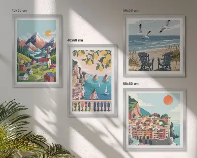 Keretezett poliptichon színes hegyek és tengerparti városok mintával