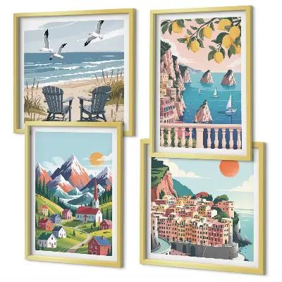 Keretezett poliptichon színes hegyek és tengerparti városok mintával