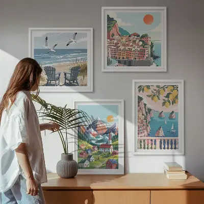 Keretezett poliptichon színes hegyek és tengerparti városok mintával