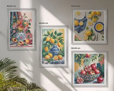 Virágok és gyümölcsök vázákban keretezett poliptichon