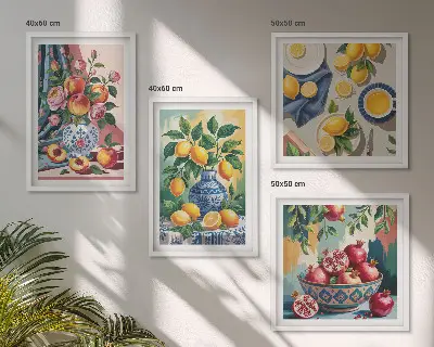 Virágok és gyümölcsök vázákban keretezett poliptichon