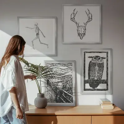 Keretezett poliptichon inspiráció, sikoly, koponya és bagoly mintával