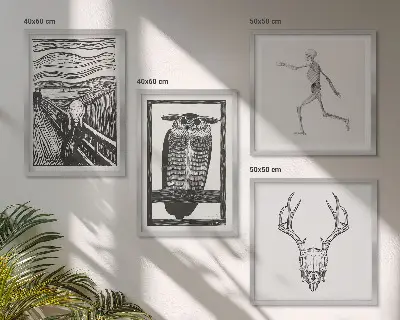 Keretezett poliptichon inspiráció, sikoly, koponya és bagoly mintával