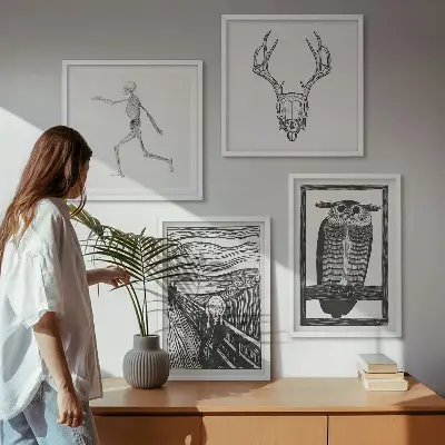 Keretezett poliptichon inspiráció, sikoly, koponya és bagoly mintával