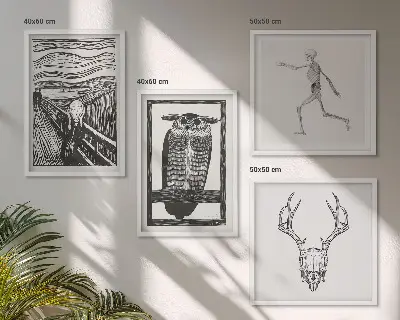 Keretezett poliptichon inspiráció, sikoly, koponya és bagoly mintával