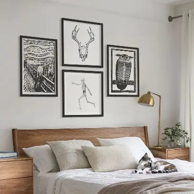 Keretezett poliptichon inspiráció, sikoly, koponya és bagoly mintával