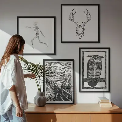 Keretezett poliptichon inspiráció, sikoly, koponya és bagoly mintával