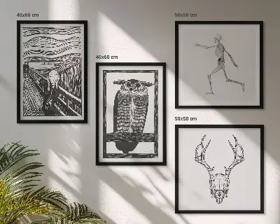Keretezett poliptichon inspiráció, sikoly, koponya és bagoly mintával