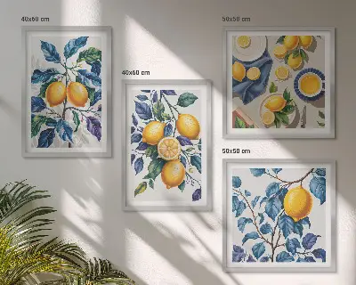 Keretezett poliptichon citromágak kék levelek mintával