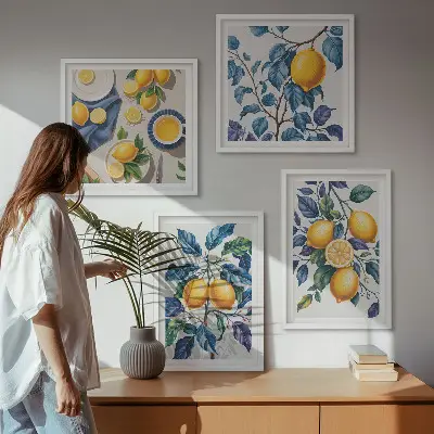 Keretezett poliptichon citromágak kék levelek mintával