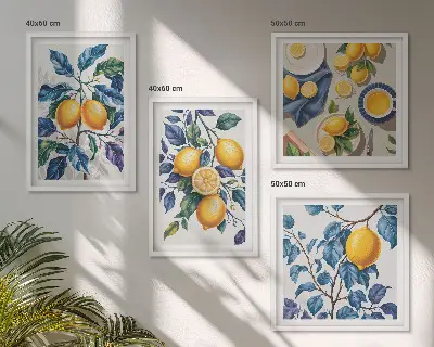 Keretezett poliptichon citromágak kék levelek mintával