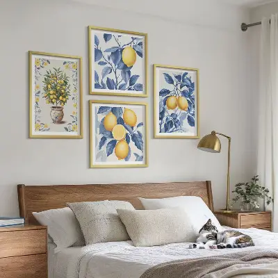 Dekorációs kép szett nappaliba citromágak kék levelekkel