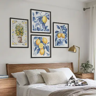Dekorációs kép szett nappaliba citromágak kék levelekkel
