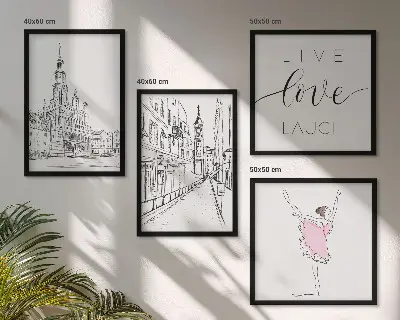 Dekorációs képkészlet nappaliba stílusos balerina és építészeti grafika