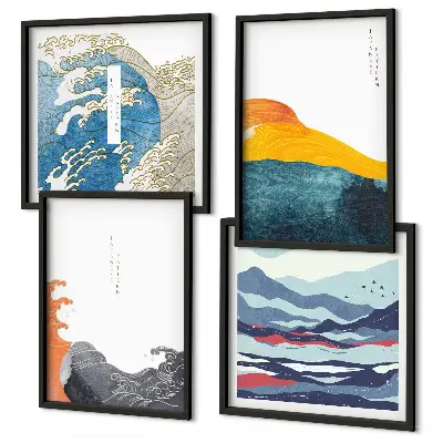 Dekorációs képkészlet nappaliba hullámok japán művészeti grafika stílusban