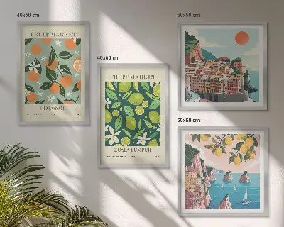 Gyümölcsmintás vintage plakátok keretezett poliptichon kivitelben