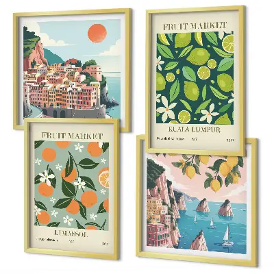 Gyümölcsmintás vintage plakátok keretezett poliptichon kivitelben