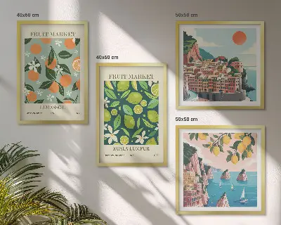 Gyümölcsmintás vintage plakátok keretezett poliptichon kivitelben