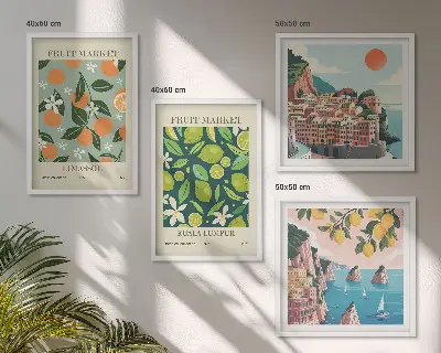 Gyümölcsmintás vintage plakátok keretezett poliptichon kivitelben