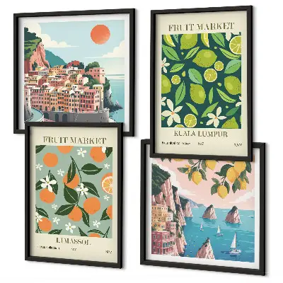 Gyümölcsmintás vintage plakátok keretezett poliptichon kivitelben