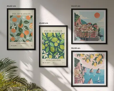 Gyümölcsmintás vintage plakátok keretezett poliptichon kivitelben
