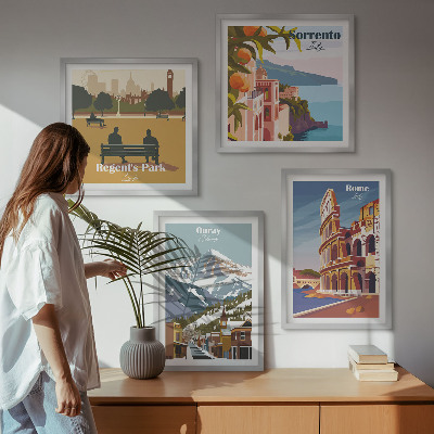 Dekorációs kép készlet nappaliba Híres helyek retró illusztrációi