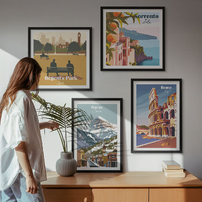 Dekorációs kép készlet nappaliba Híres helyek retró illusztrációi