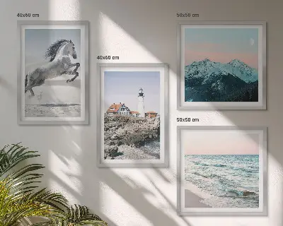 Dekorációs képkészlet nappaliba lovak, mozgás, strand, világítótorony és hegyek motívummal