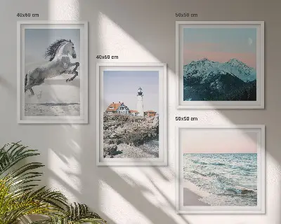 Dekorációs képkészlet nappaliba lovak, mozgás, strand, világítótorony és hegyek motívummal