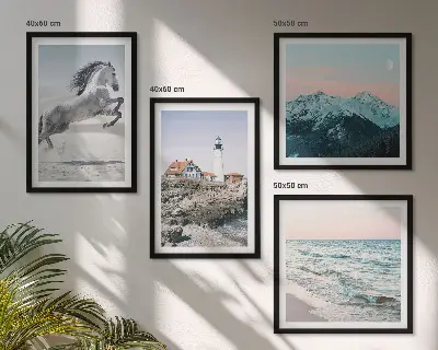 Dekorációs képkészlet nappaliba lovak, mozgás, strand, világítótorony és hegyek motívummal