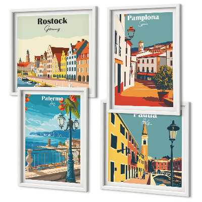 Dekorációs kép készlet nappaliba Retro város illusztrációk