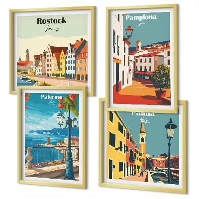 Retro városillusztrációk dekorációs képszett nappaliba