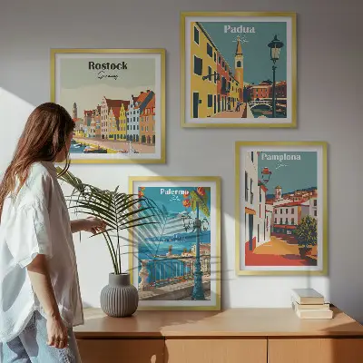 Retro városillusztrációk dekorációs képszett nappaliba