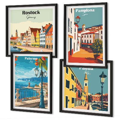 Dekorációs kép készlet nappaliba Retro város illusztrációk