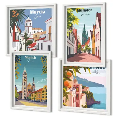 Keretezett poliptichon színes európai városok illusztrációival