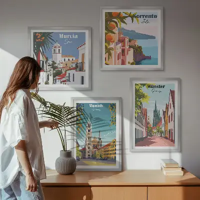 Keretezett poliptichon színes európai városok illusztrációival